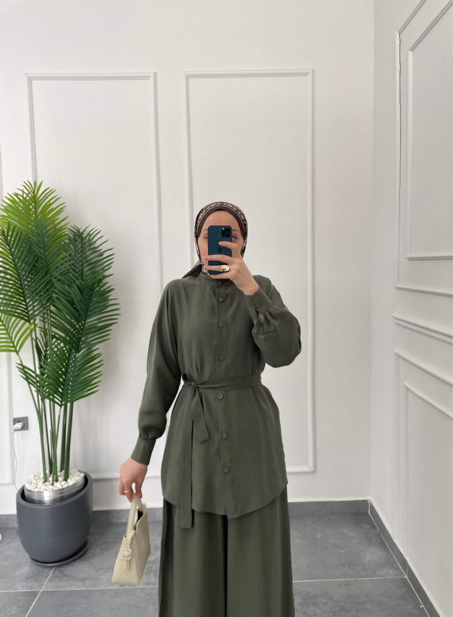 Tencel Keten Etek Pantolonlu Takım-Haki