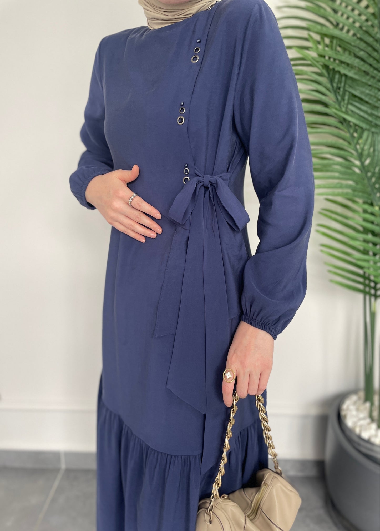 Lora Kuş Gözü Tasarım Elbise-Lacivert