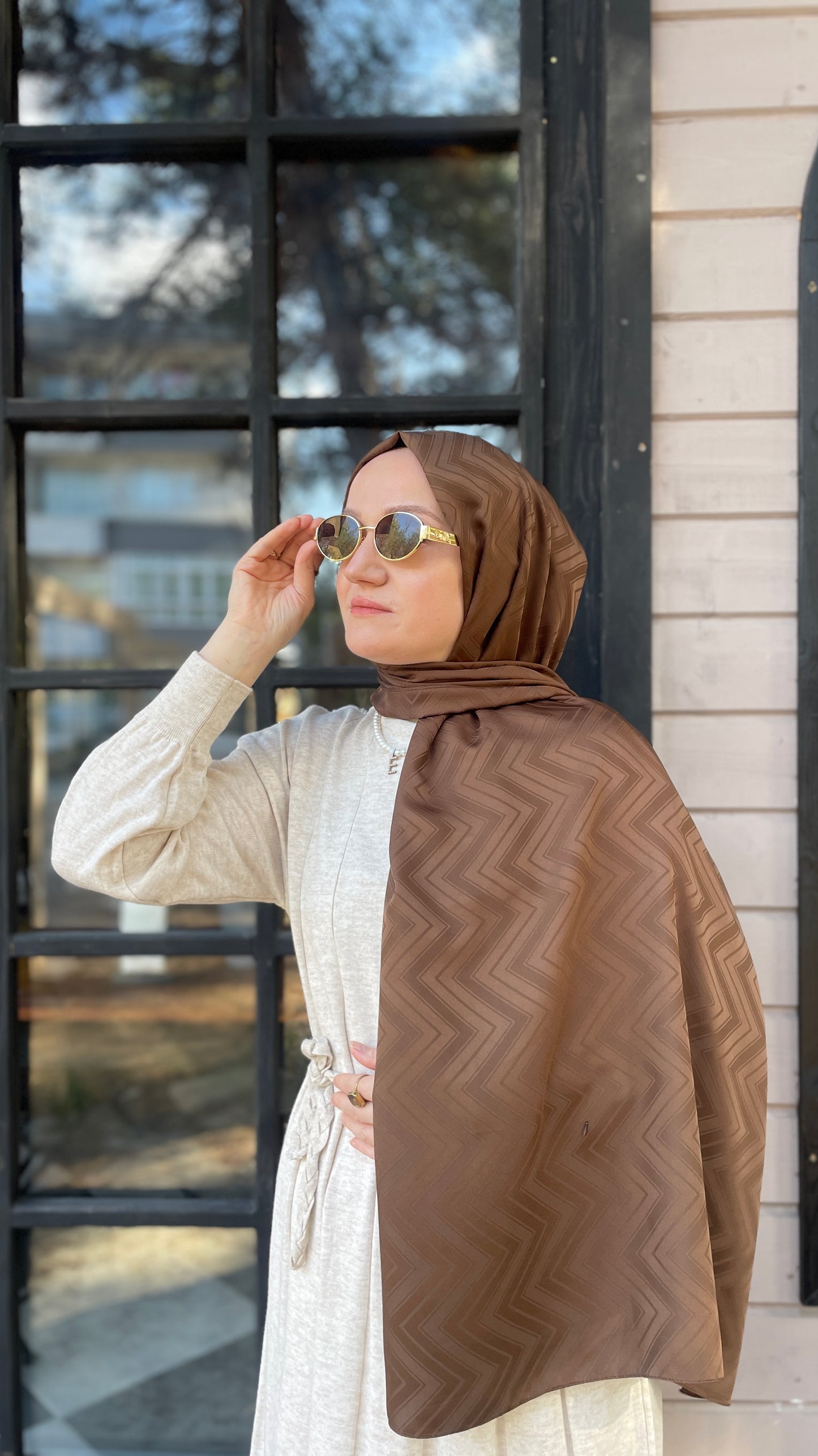 İpeksi Jakar Zikzak Desen Şal Çikolata Kahve