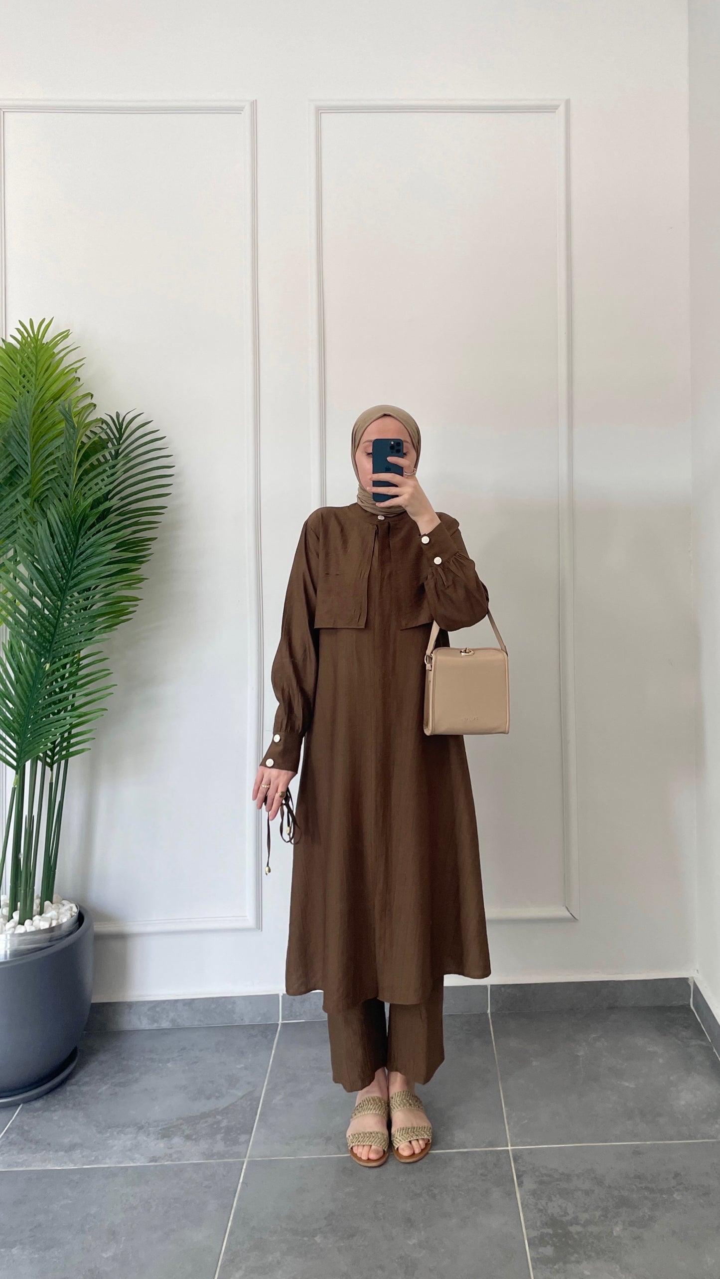 Çilek Kumaş Tunikli Takım-Kahve