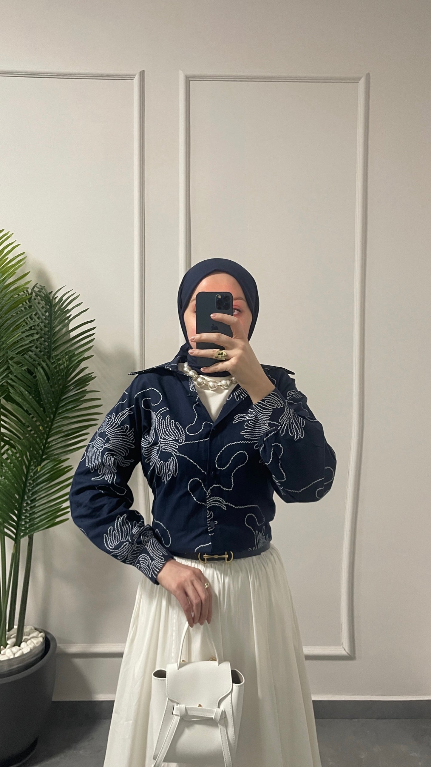 Keten Çiçek Desenli Gömlek Lacivert