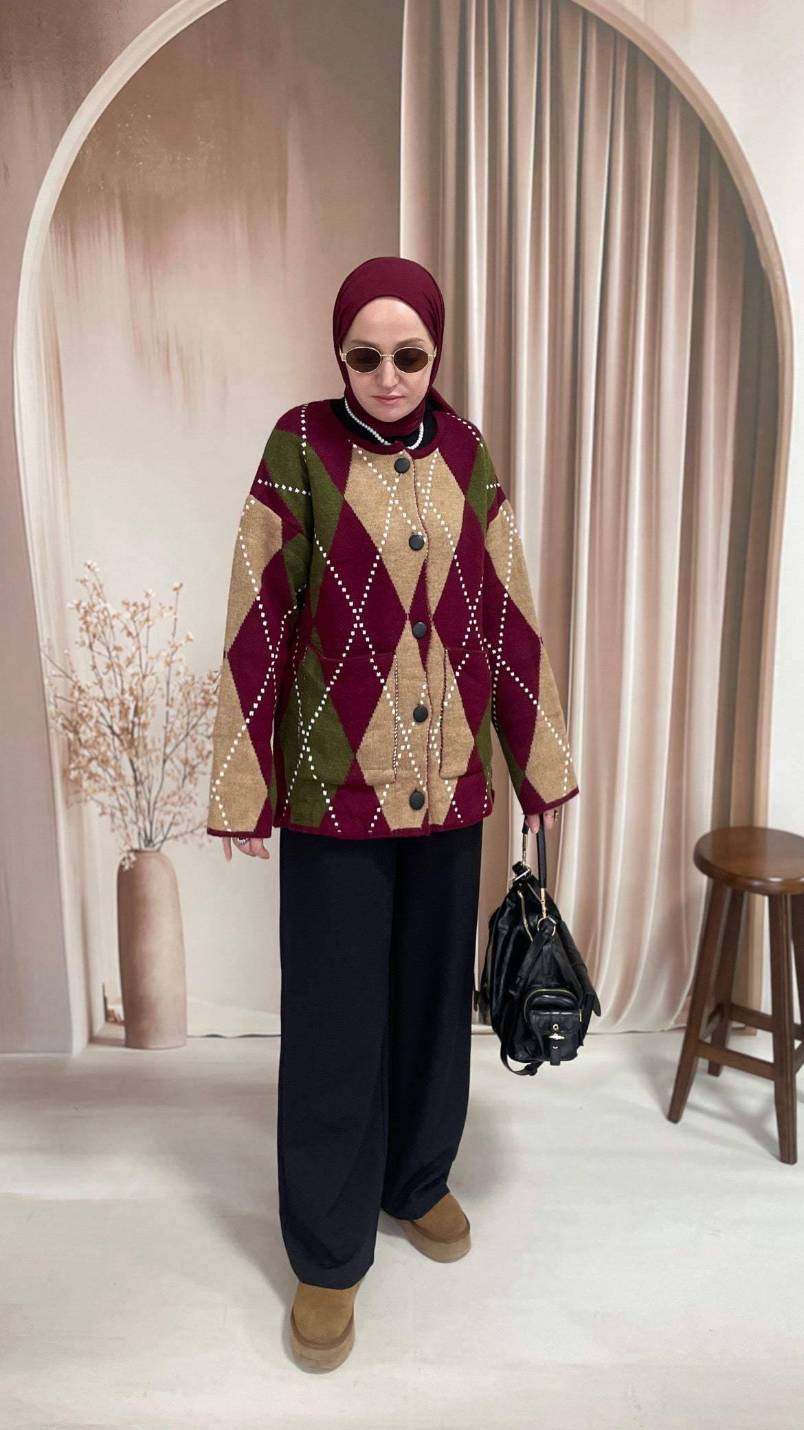 Baklava Desenli Premium Hırka Bordo&Haki