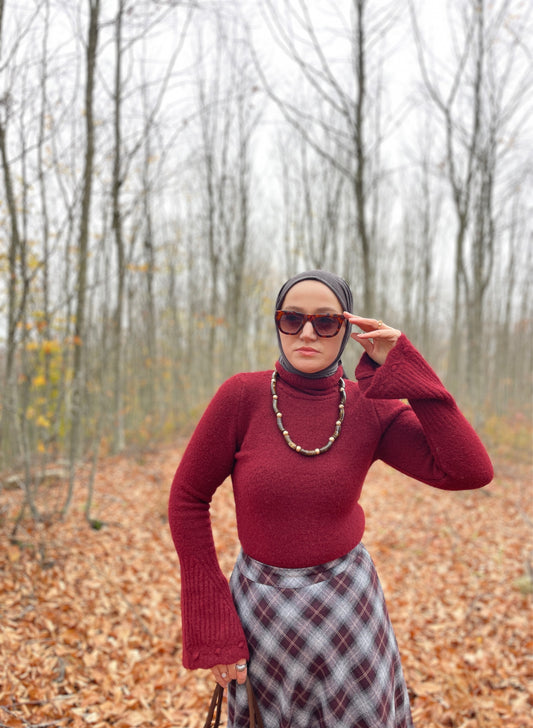 Kollar ve Boyun Motifli Peluş Kazak Bordo