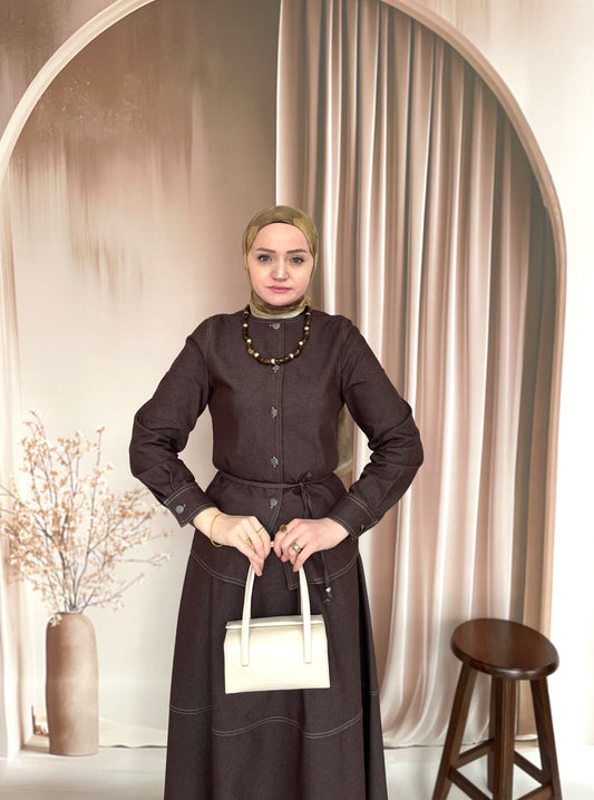 Premium Denim Etekli Takım Kahverengi