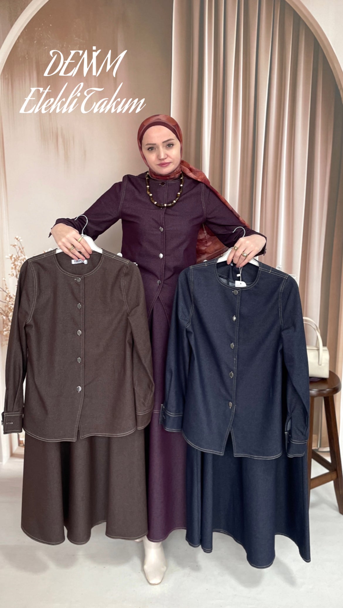 Premium Denim Etekli Takım Bordo