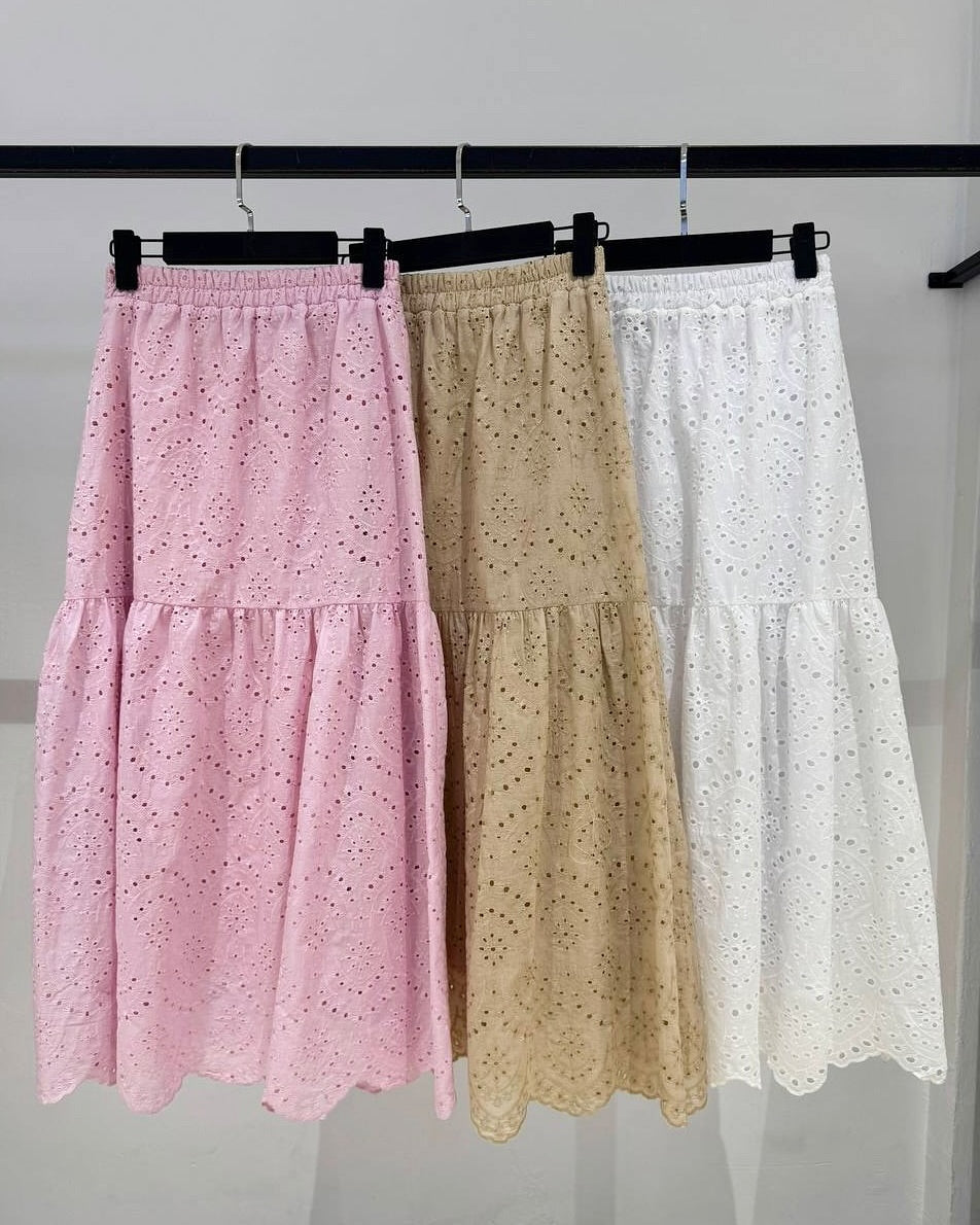 % 100 Pamuklu Brode Etek Pudra Pembe