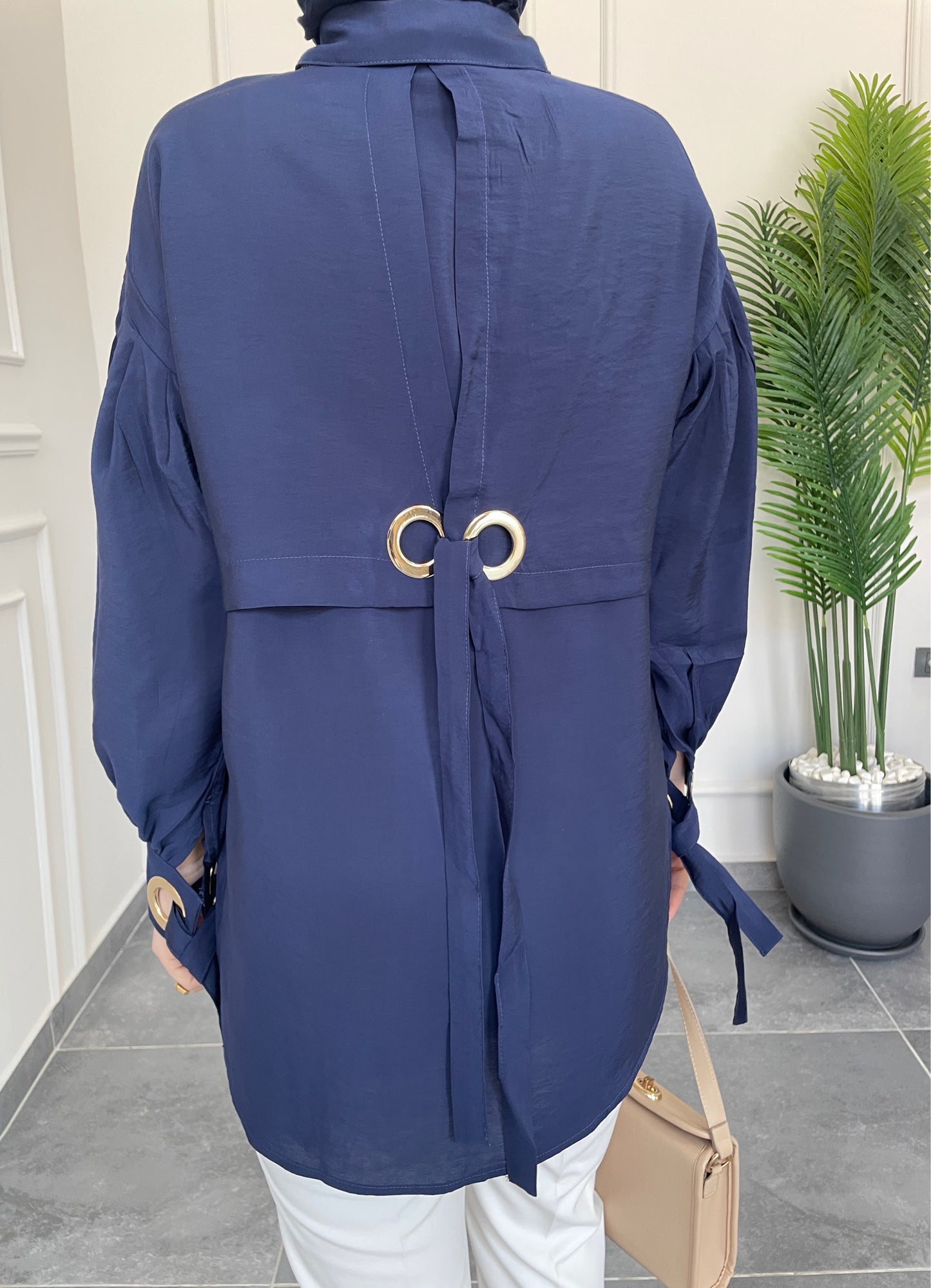 Kuş Gözü Tasarım Tencel Gömlek-Lacivert