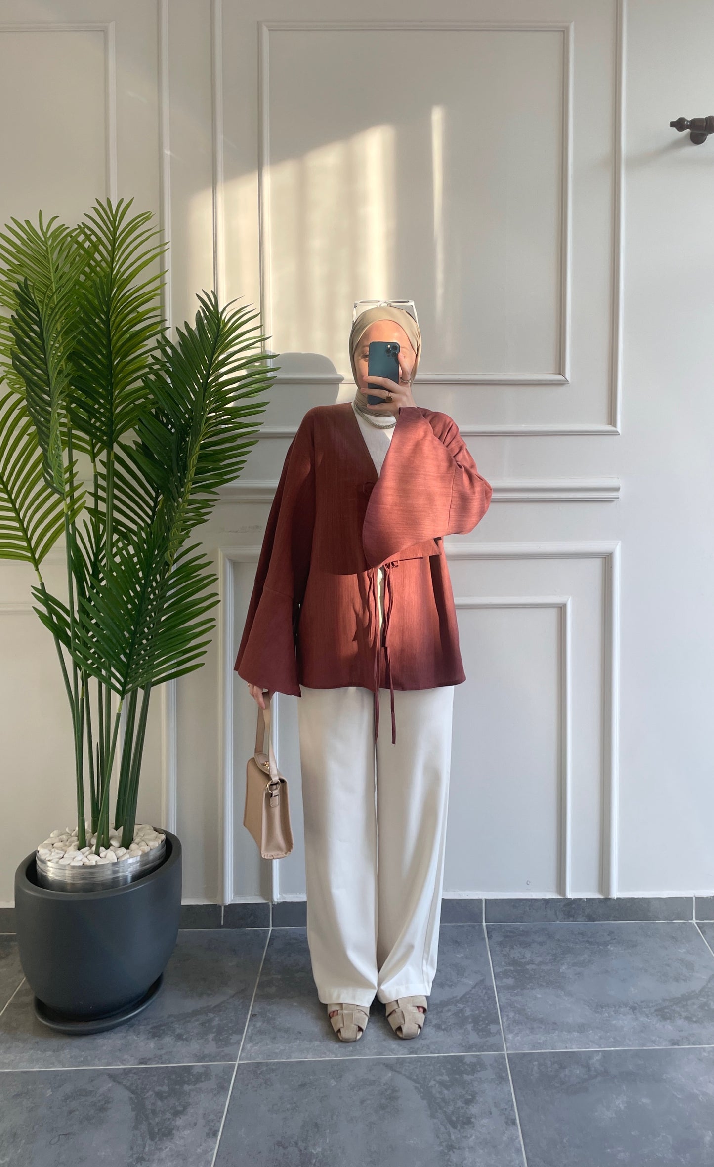 İspanyol Kol Ham Keten Kimono-Kiremit