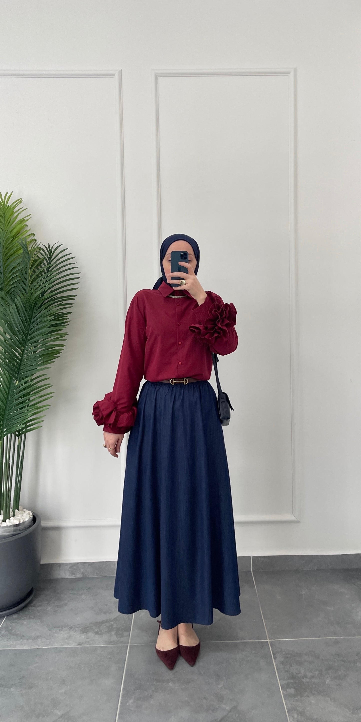 Çilek Kol Tasarım Gömlek-Bordo