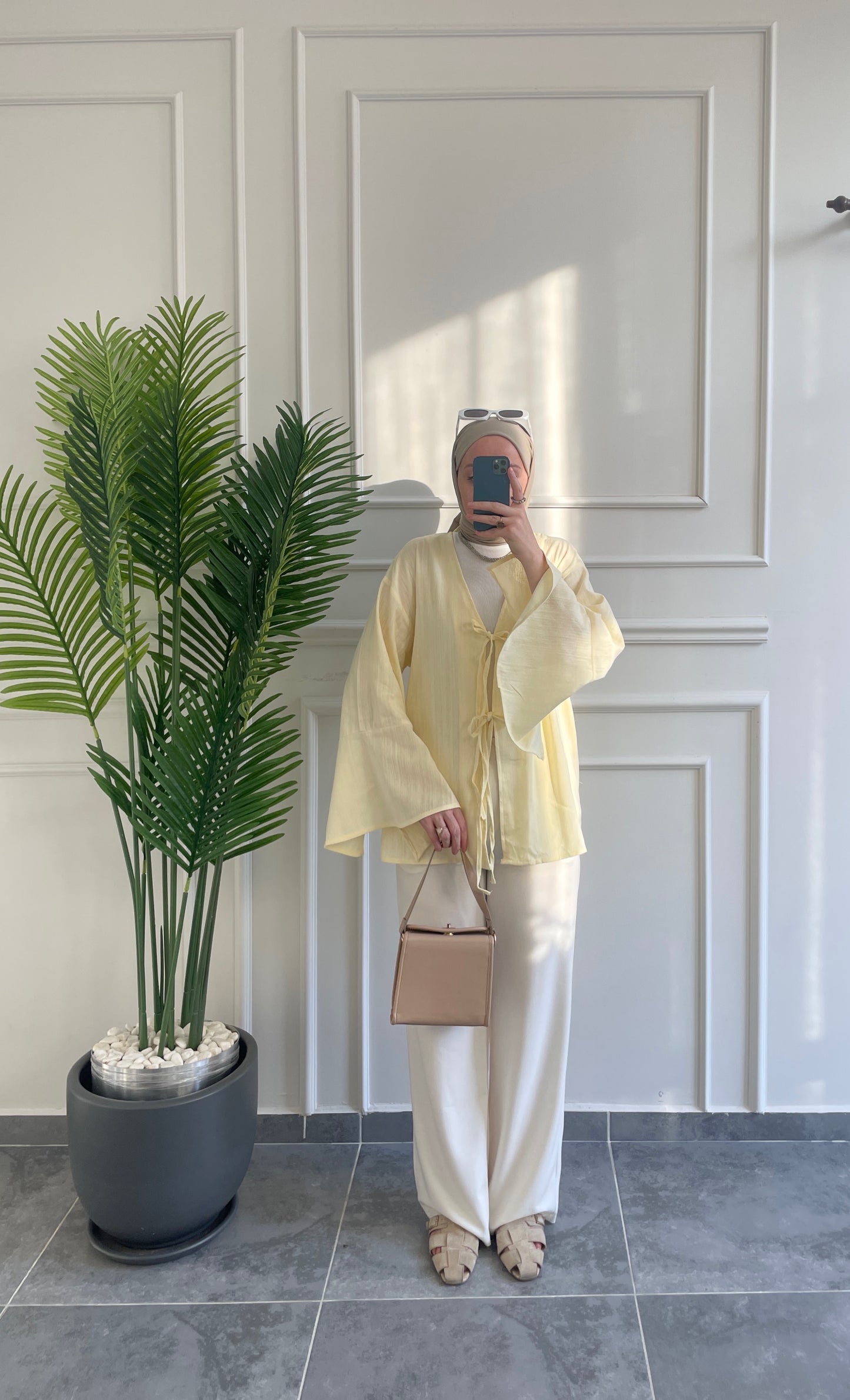 İspanyol Kol Ham Keten Kimono-Soft Sarı