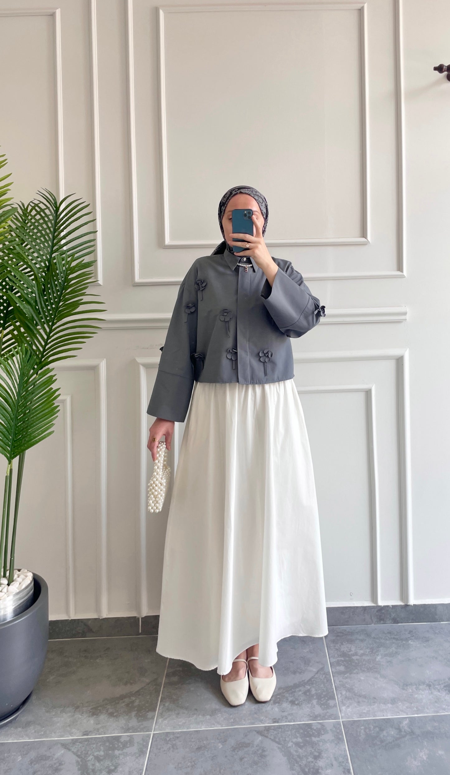 Papatyalı Poplin Gömlek-Gri