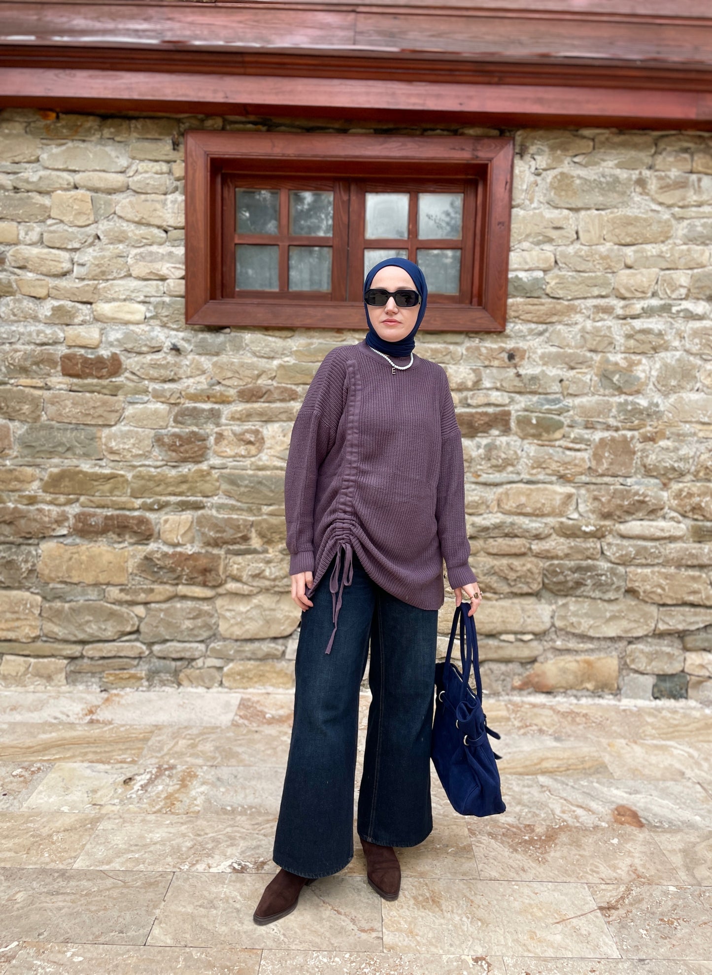 Büzgü Detaylı Triko Kazak Lavanta