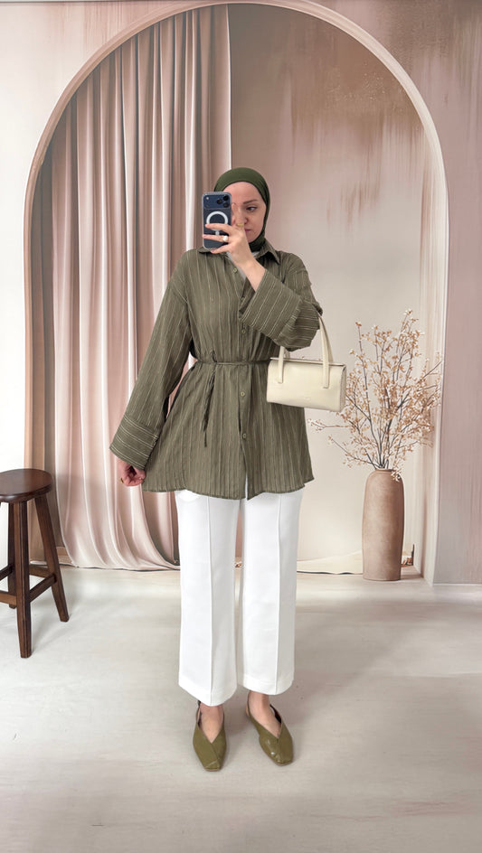 Çizgili Efil Gömlek Haki