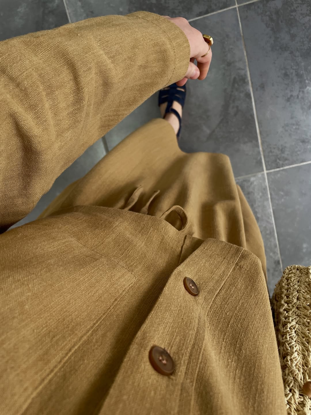 Ham Keten Düğmeli Etekli Takım-Hardal