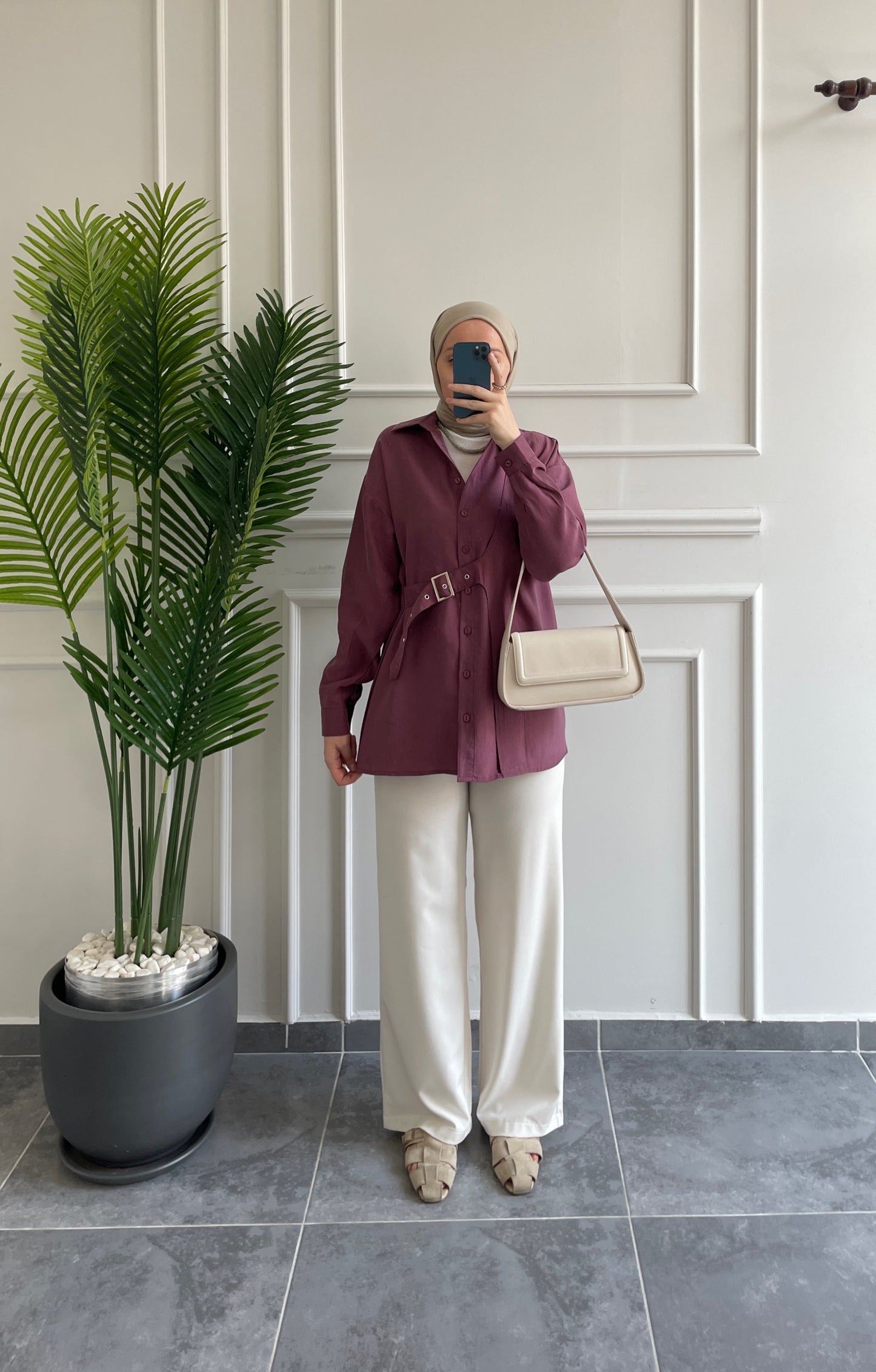 Premium Modal Kuşgözü Kemerli Gömlek-Mürdüm