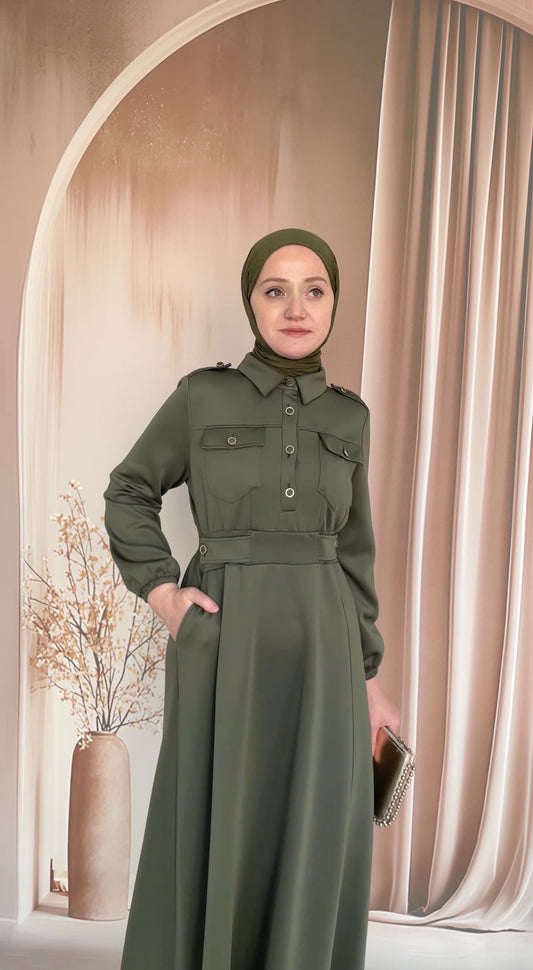 Apoletli Premium Scuba Elbise Haki