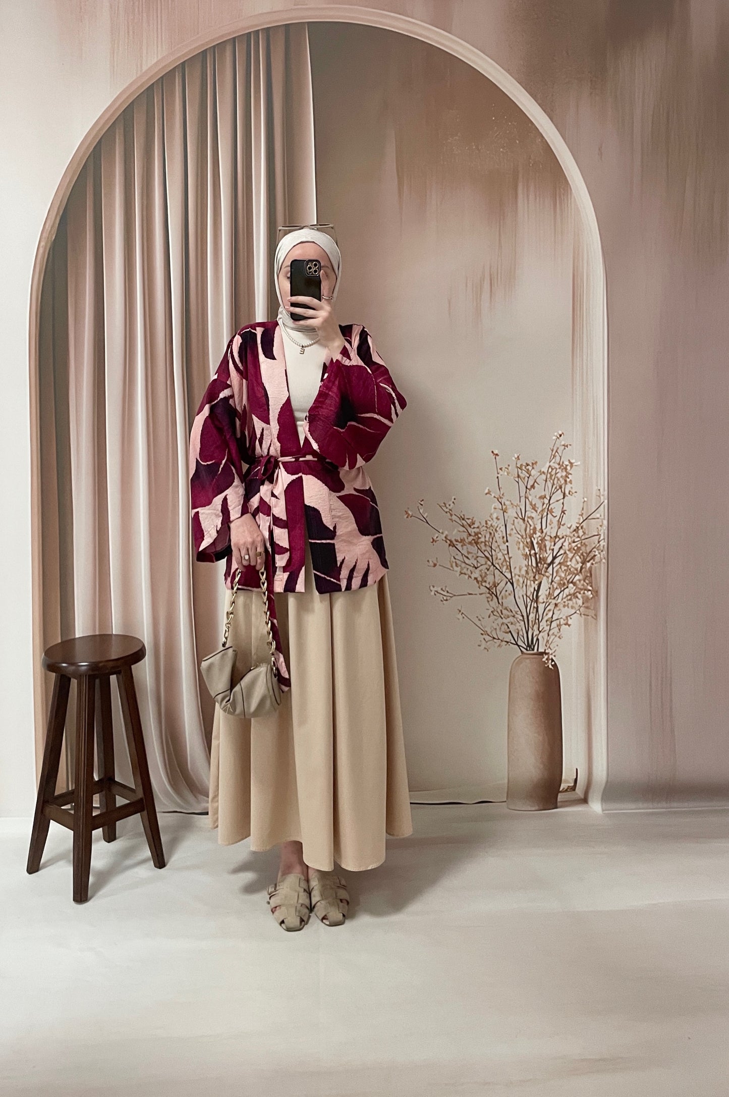 Yaprak Desenli Kimono Bordo