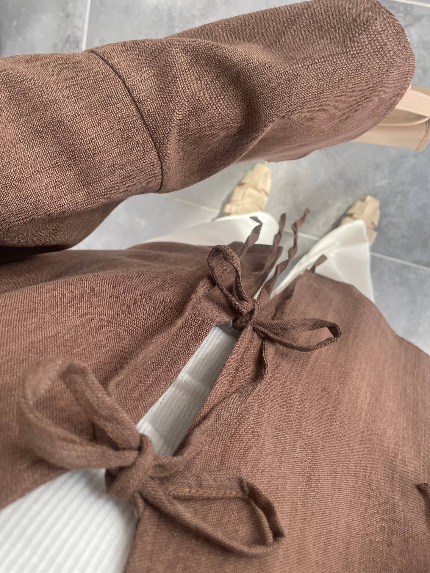 İspanyol Kol Ham Keten Kimono-Kahve