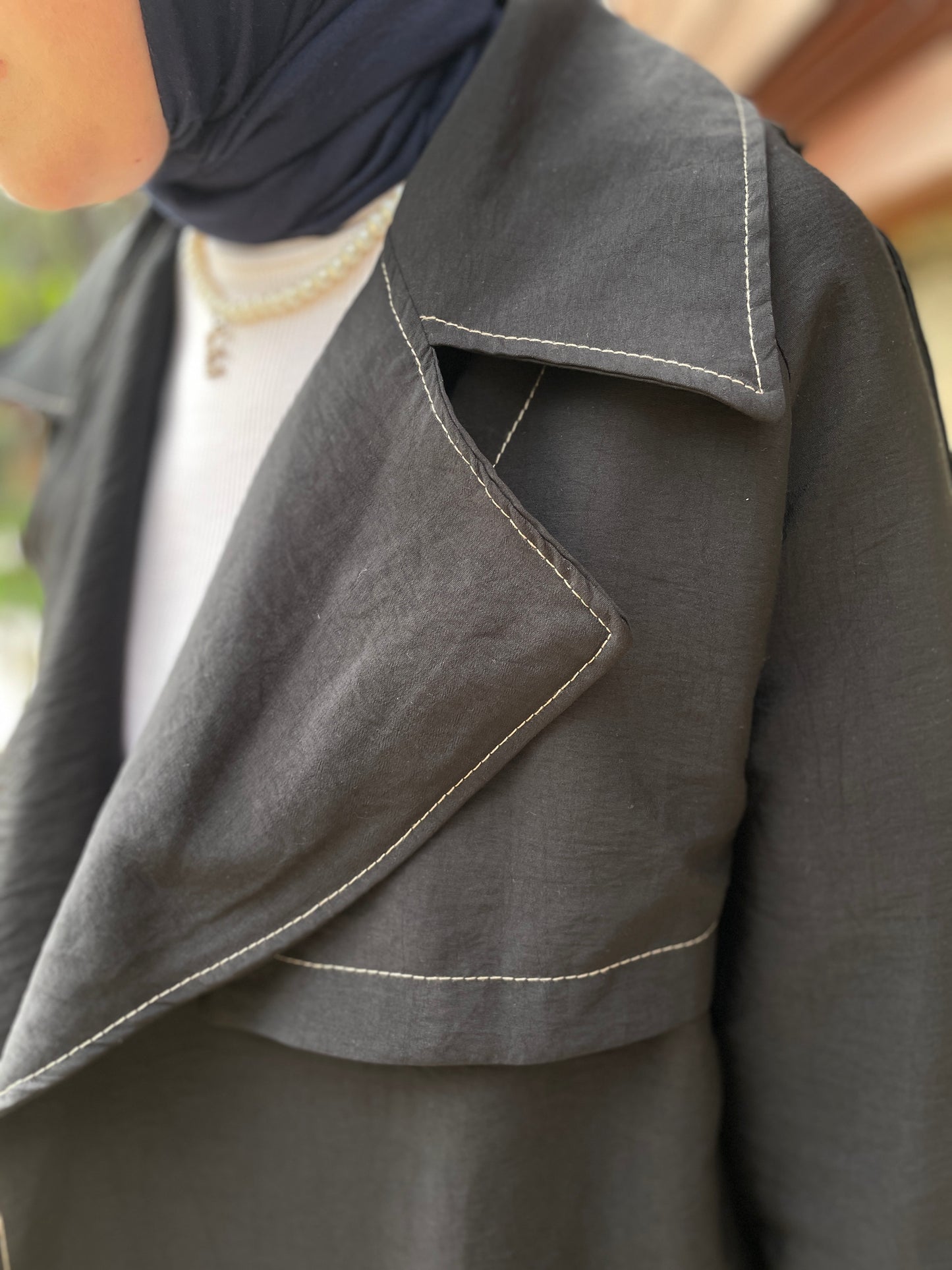 Renkli Dikişli Premium Trençkot Siyah