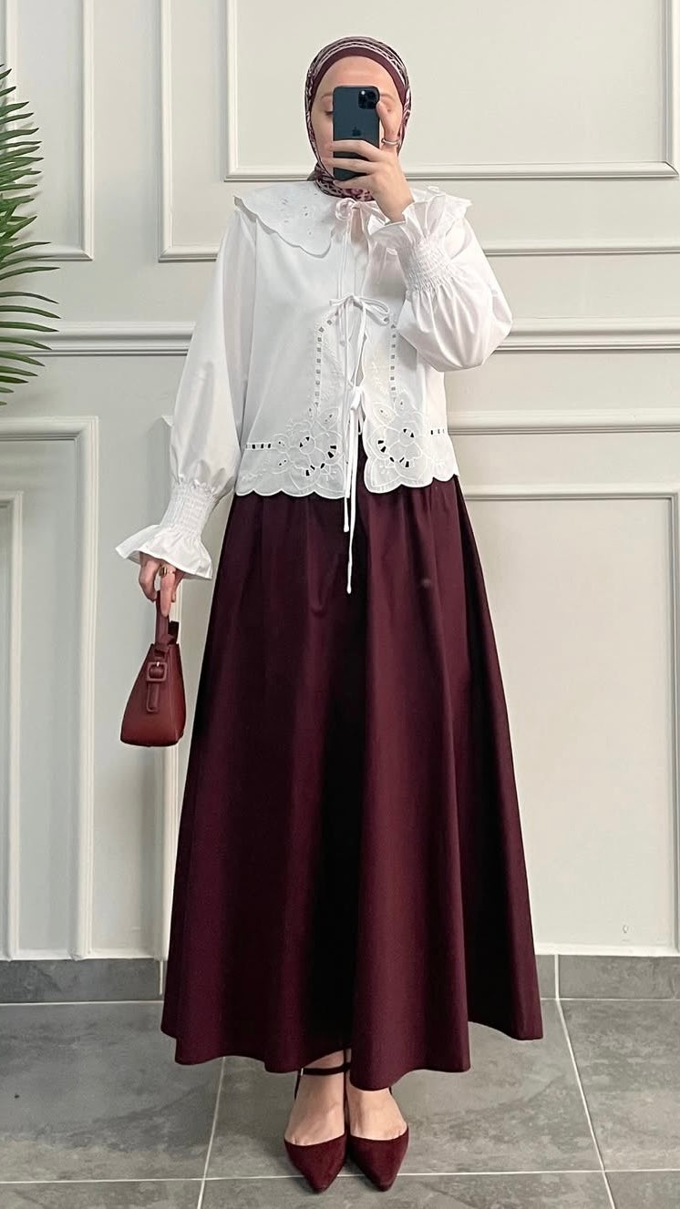 Poplin Kloş Etek Bordo