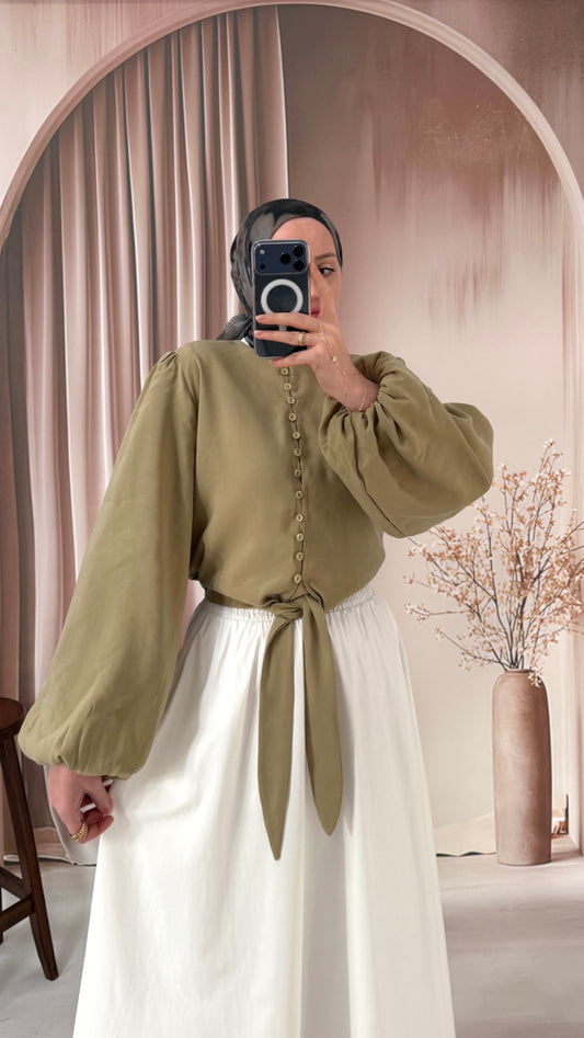 Britli Balon Kol Bel Bağlamalı Cupra Bluz Fıstık Yeşili