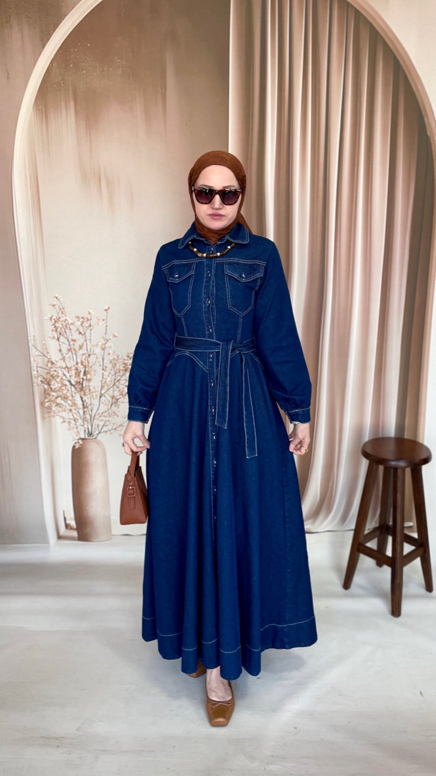 Kontrast Dikişli Premium Denim Kloş Elbise