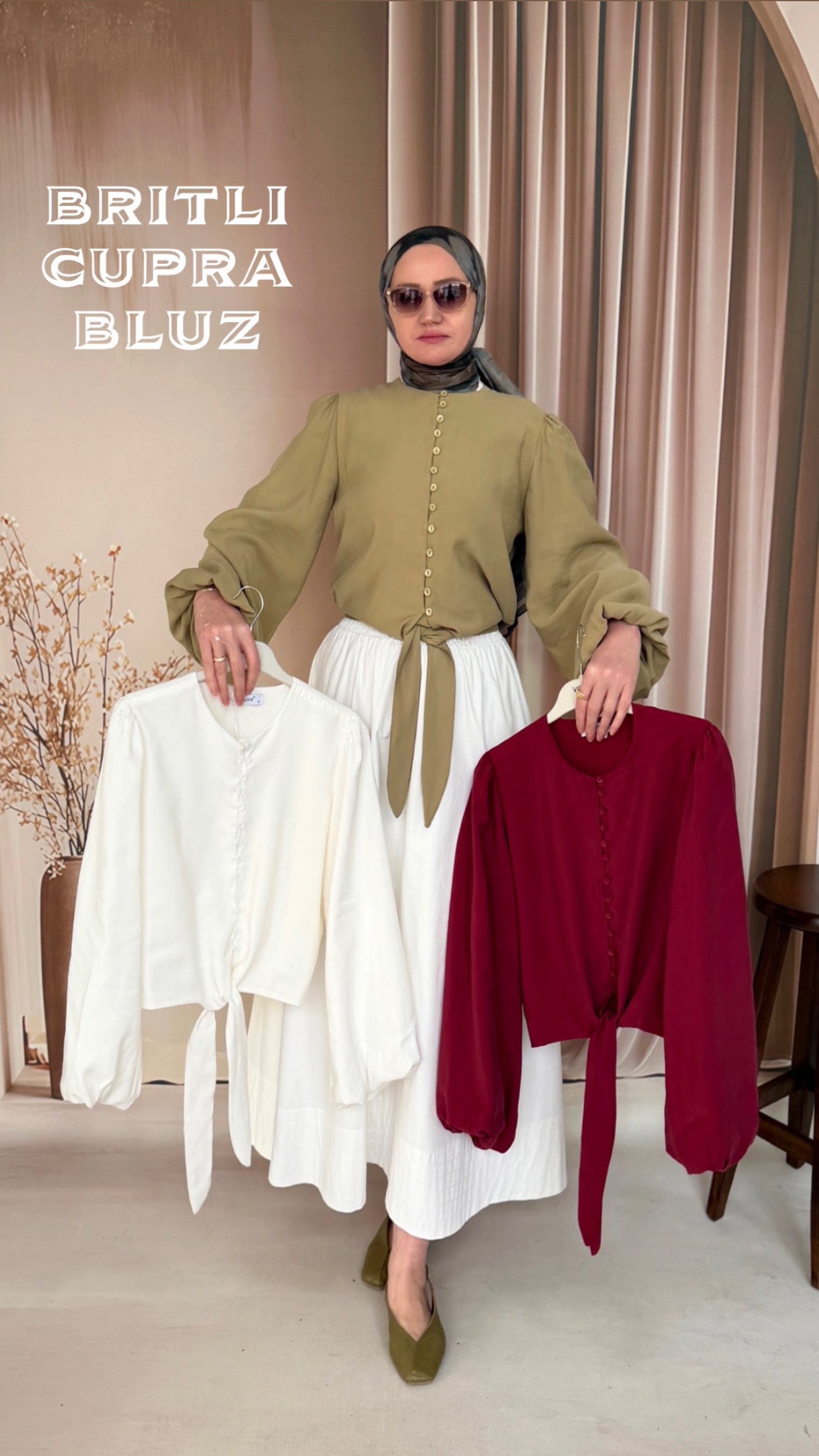 Britli Balon Kol Bel Bağlamalı Cupra Bluz Fıstık Yeşili