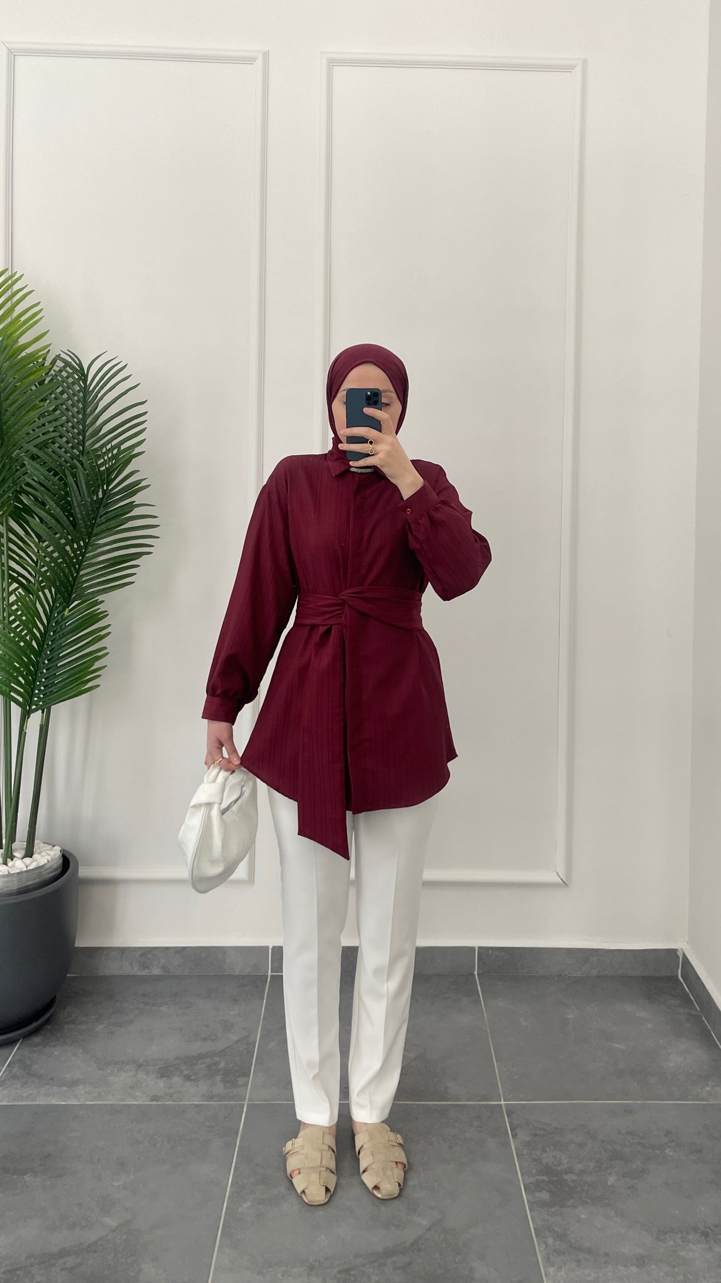 Bel Bağlama Tasarım Gömlek-Bordo