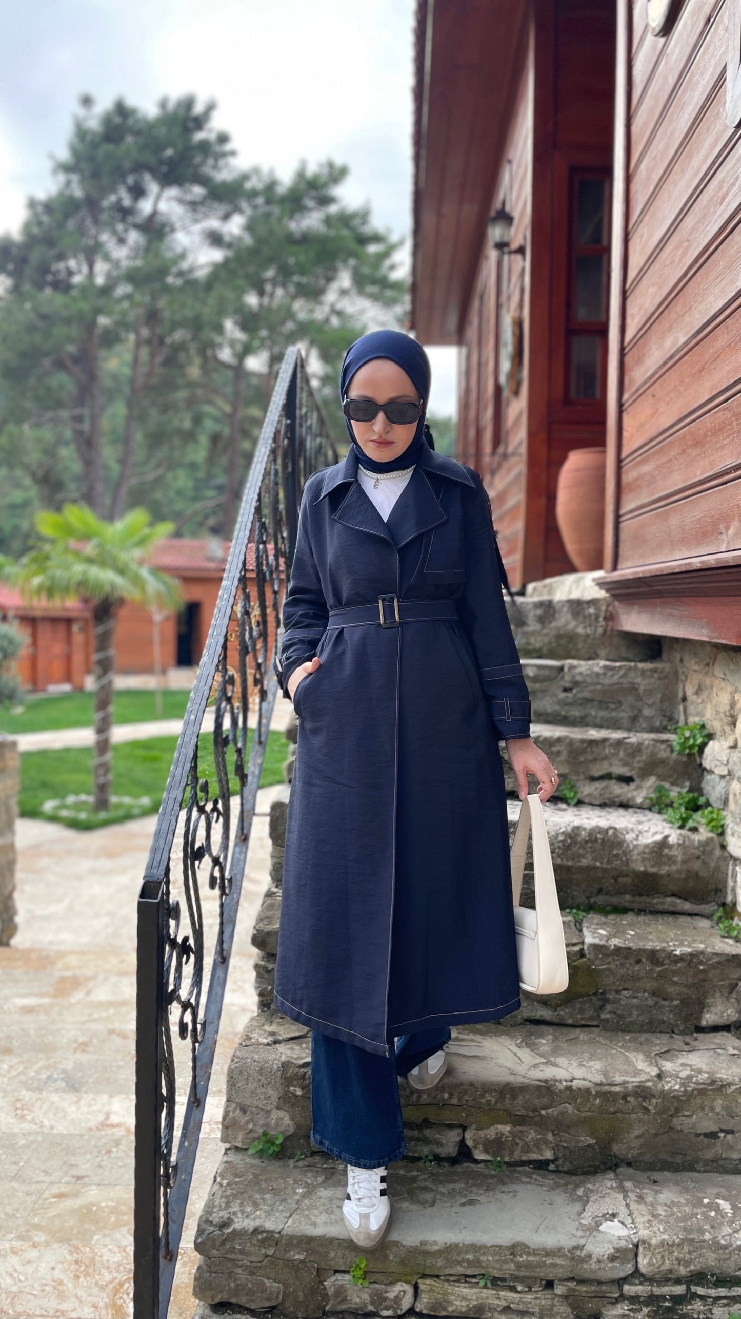 Renkli Dikişli Premium Trençkot Lacivert