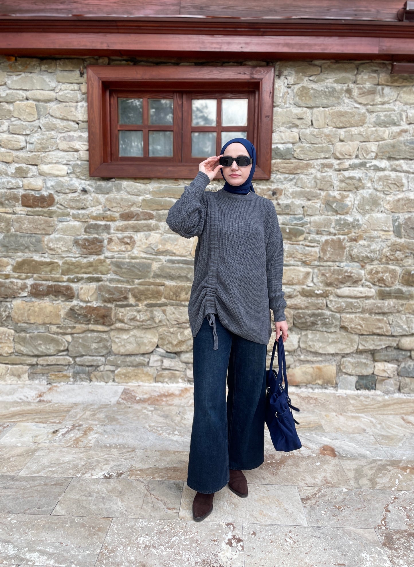 Büzgü Detaylı Triko Kazak Antrasit