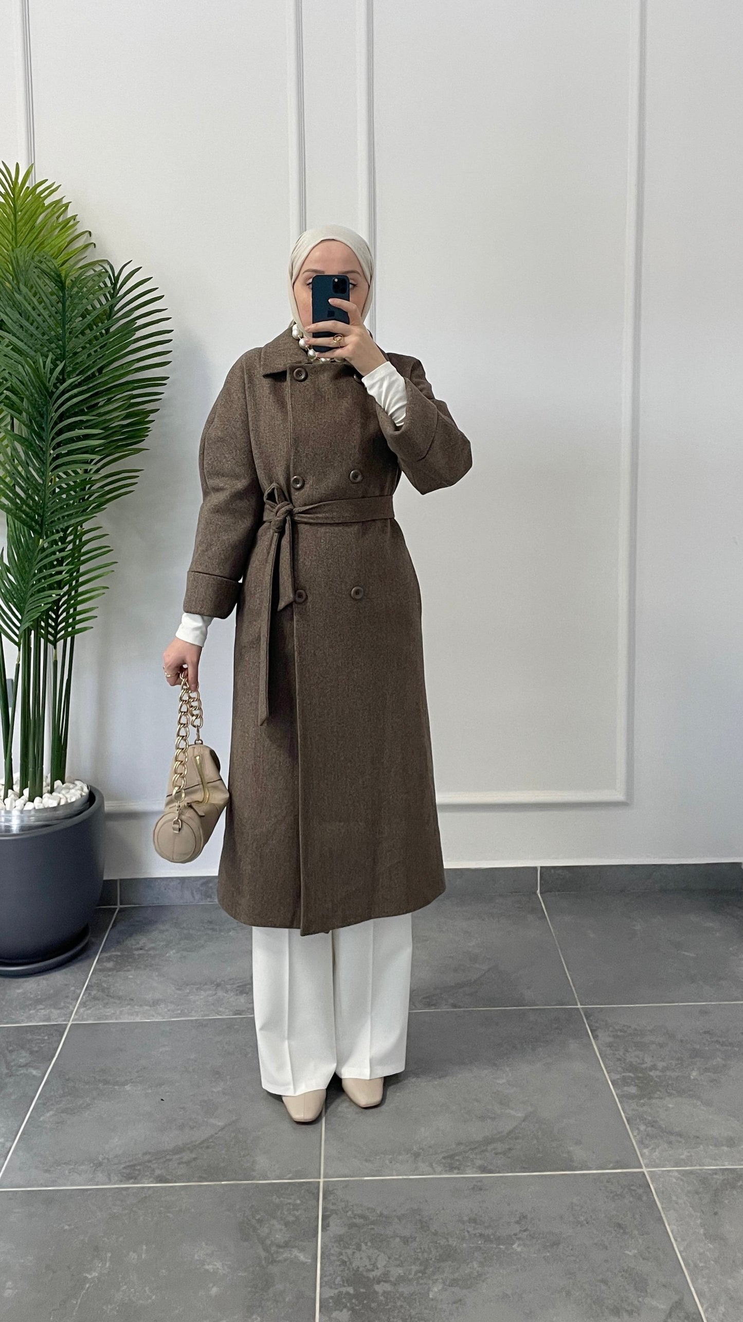 Kimono Tasarım Kaşe Kaban Boz Kahve