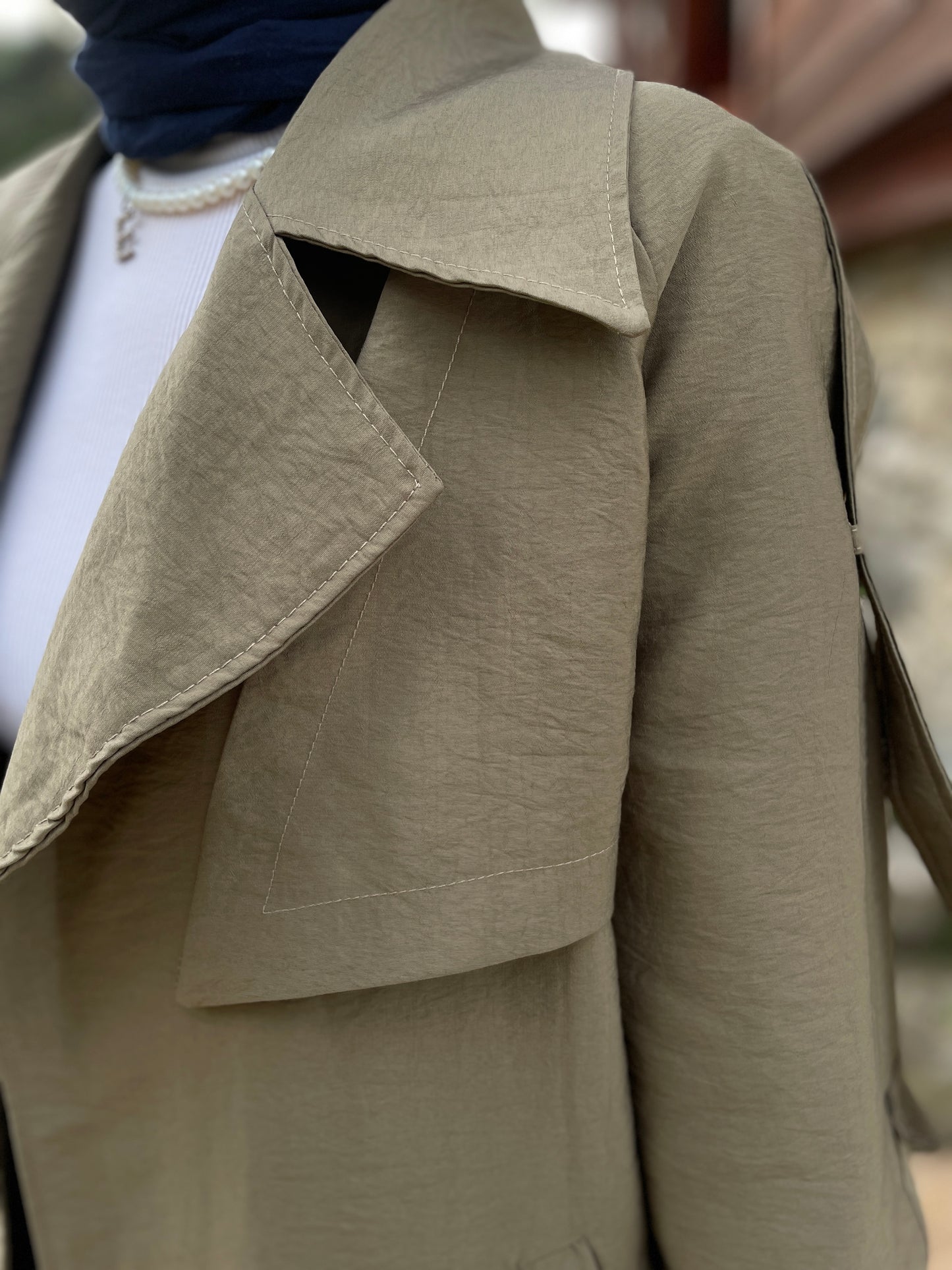 Renkli Dikişli Premium Trençkot Haki Yeşil