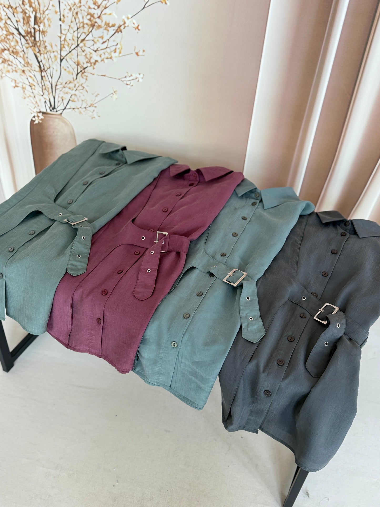 Kuş gözü kemerli premium gömlek Aqua