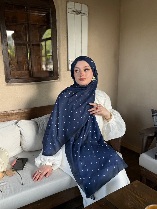 Mini Puantiye Desen Pamuk Soft Şal Lacivert