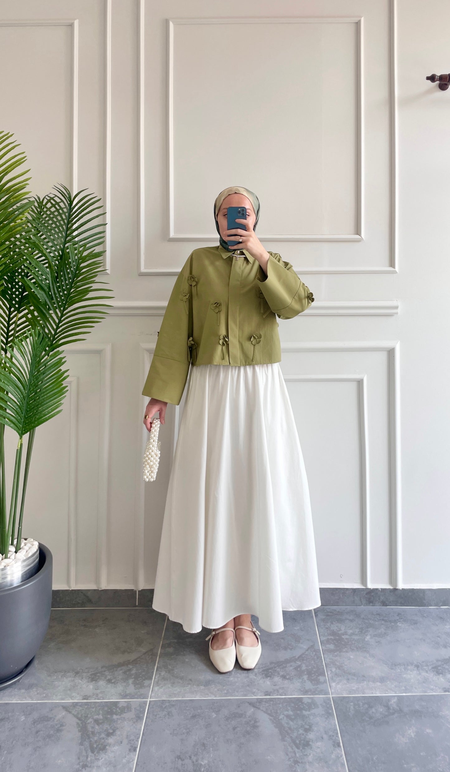 Papatyalı Poplin Gömlek-Yeşil