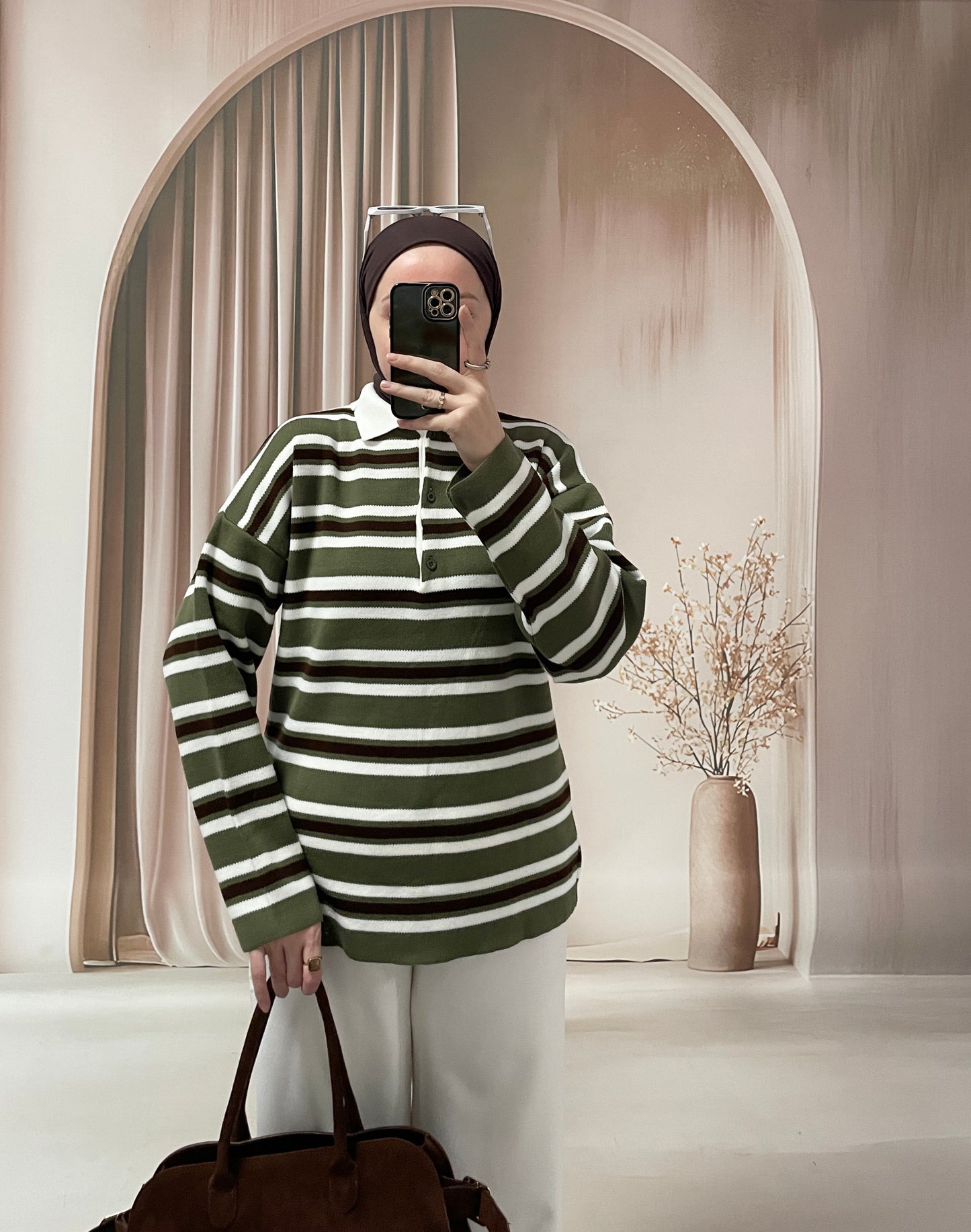 Polo Yaka Çizgili Triko Kazak Haki