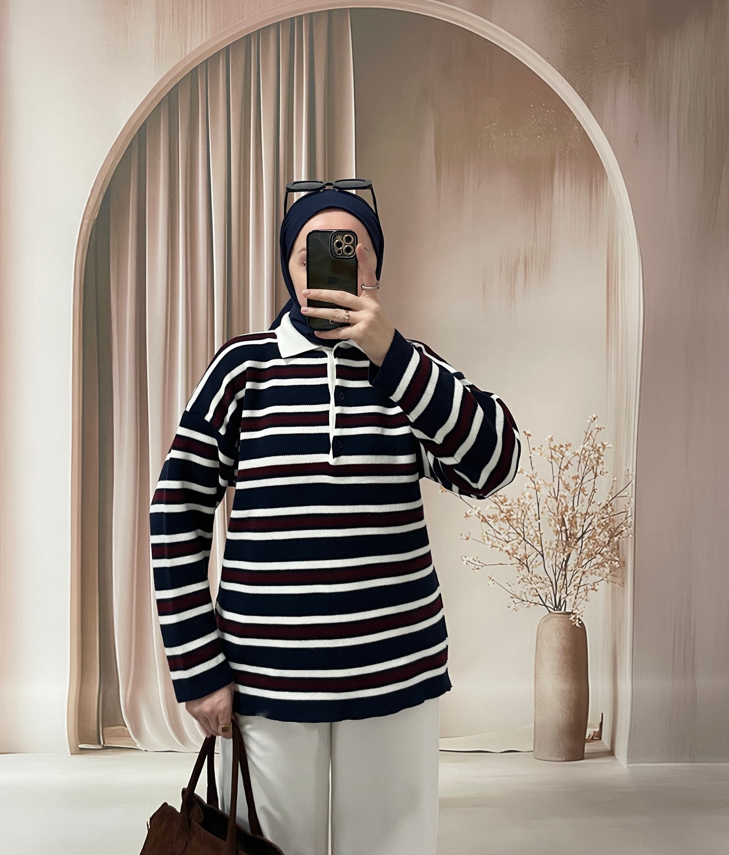 Polo Yaka Çizgili Triko Kazak Lacivert