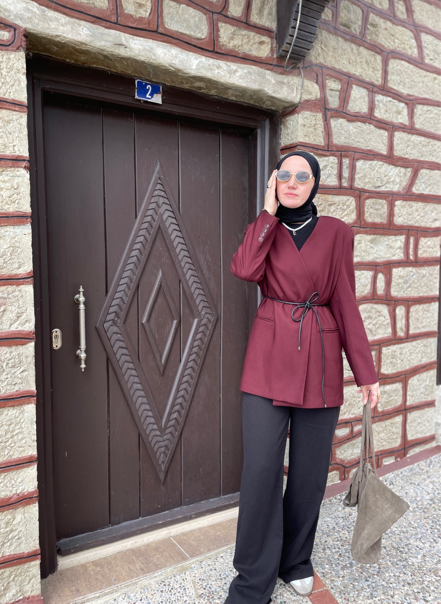 Deri Kemerli Blazer Ceket Bordo