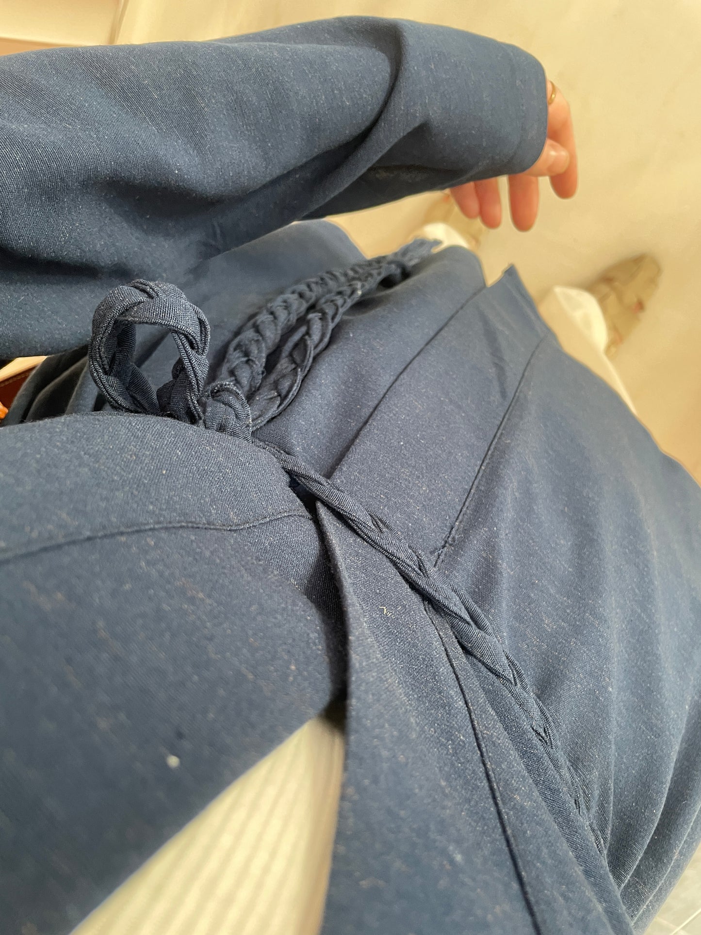 Ham Keten Örgü Kemerli Kimono Lacivert