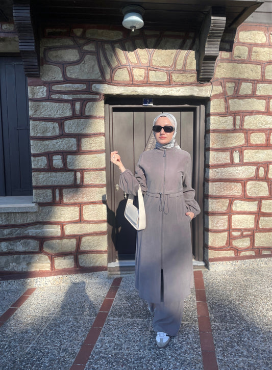 Fermuarlı Kap&Pantolonlu Koton Takım Gri