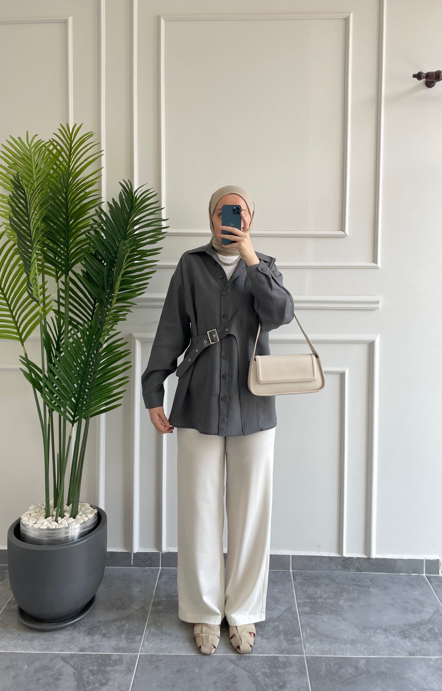 Premium Modal Kuşgözü Kemerli Gömlek-Antrasit