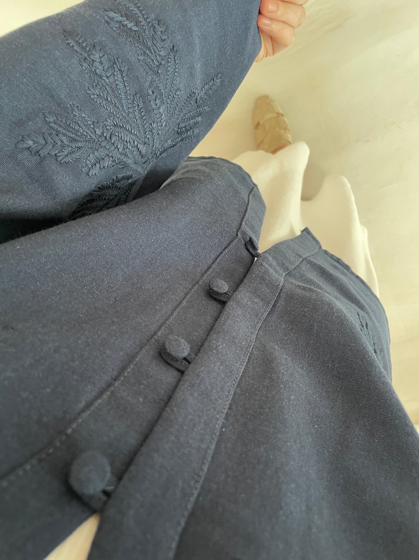 Nakışlı Ham Keten Kimono Lacivert