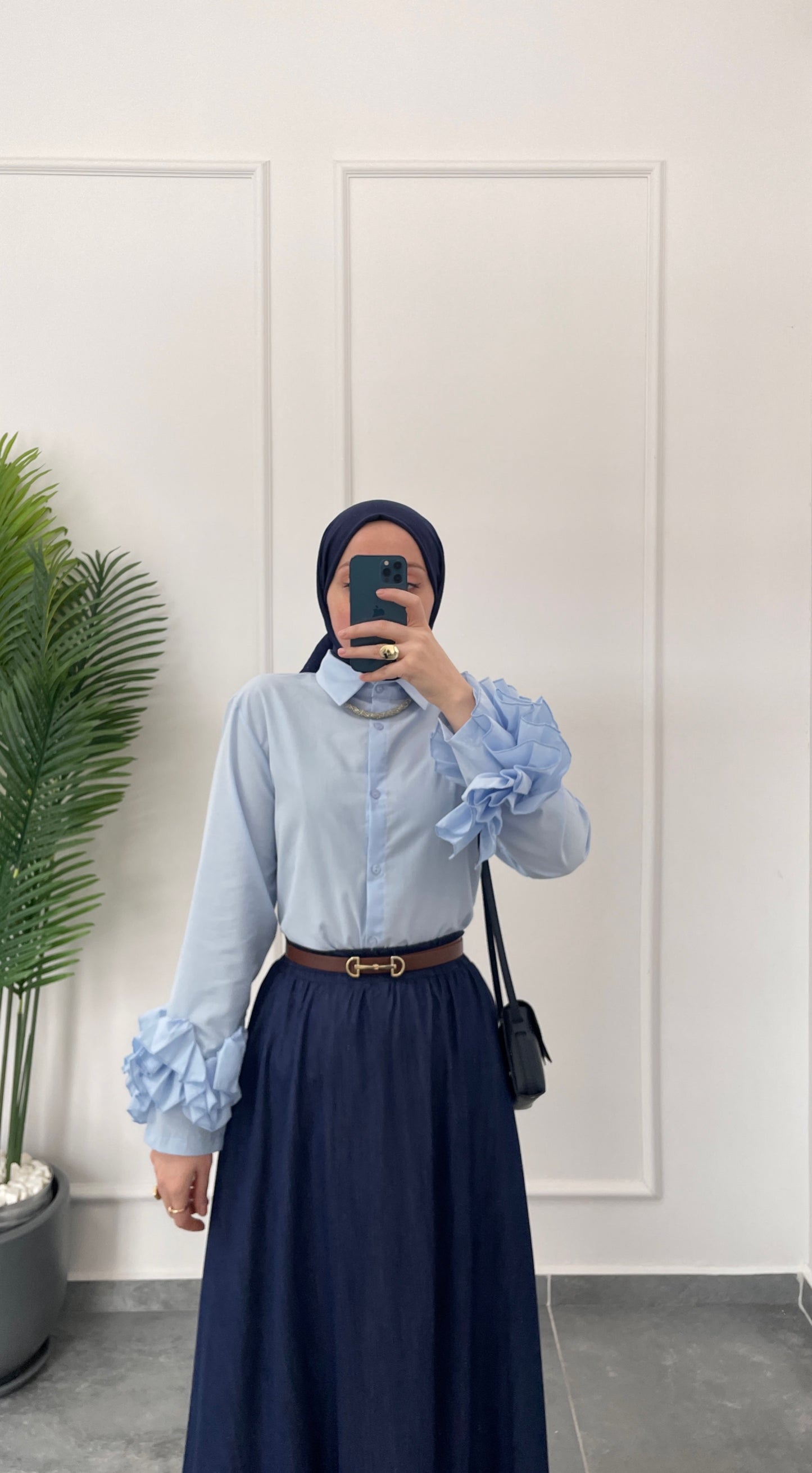 Çilek Kol Tasarım Gömlek-Mavi