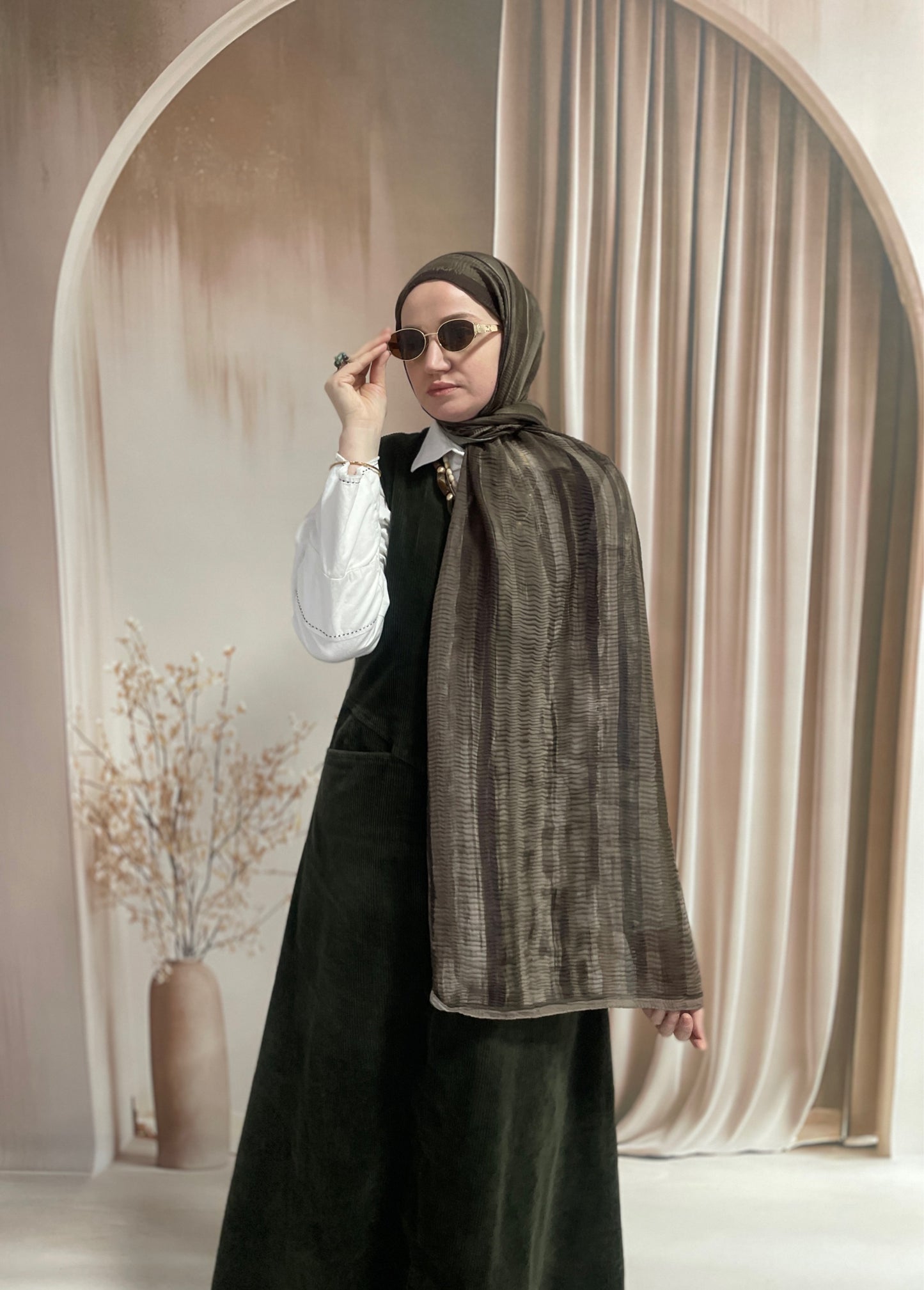 Tonsürton Çizgi Desen Müslin Şal Haki