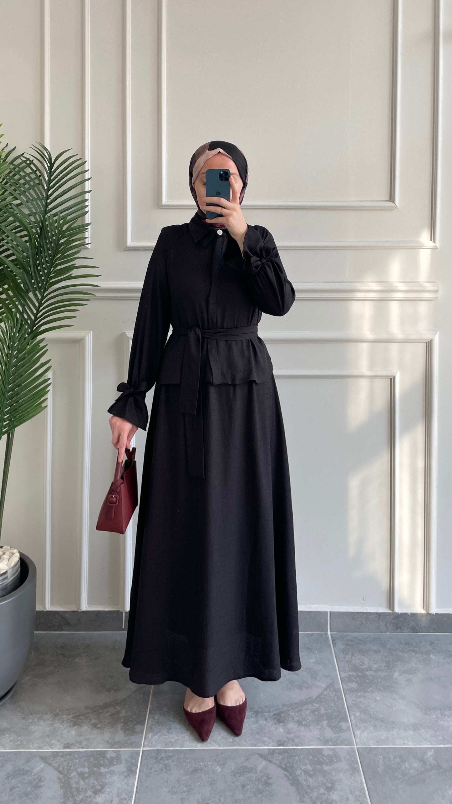 Dolunay Çift Yaka Tasarım Keten Etekli Takım-Siyah