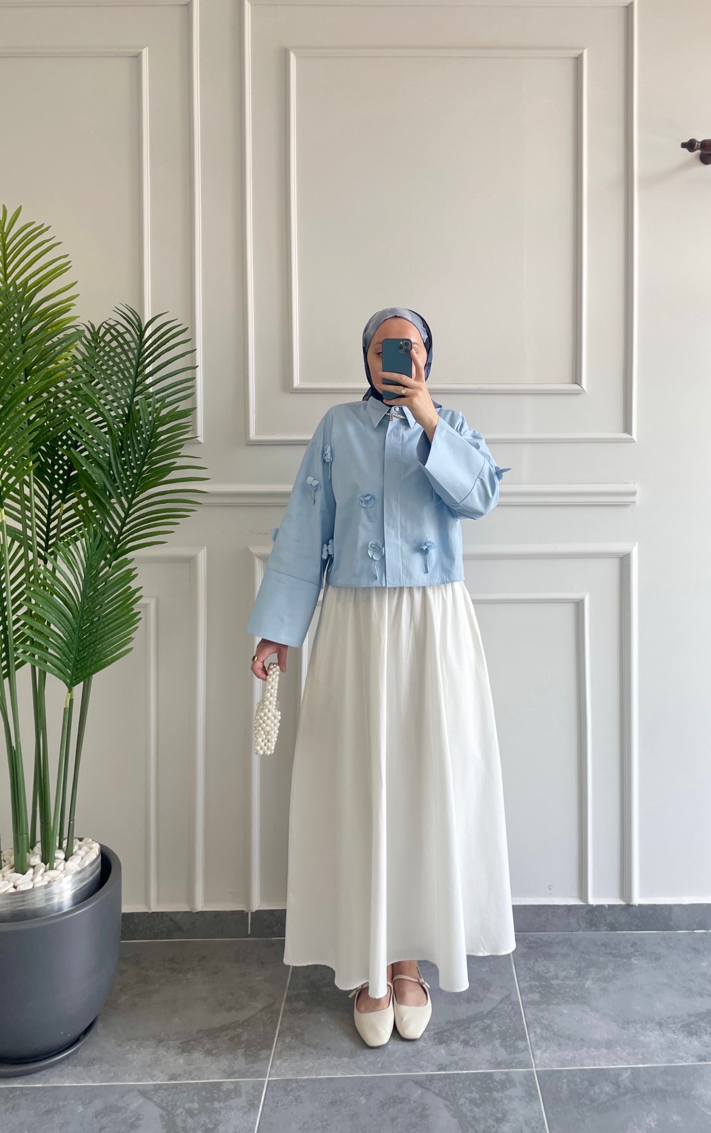 Papatyalı Poplin Gömlek-Bebe Mavi