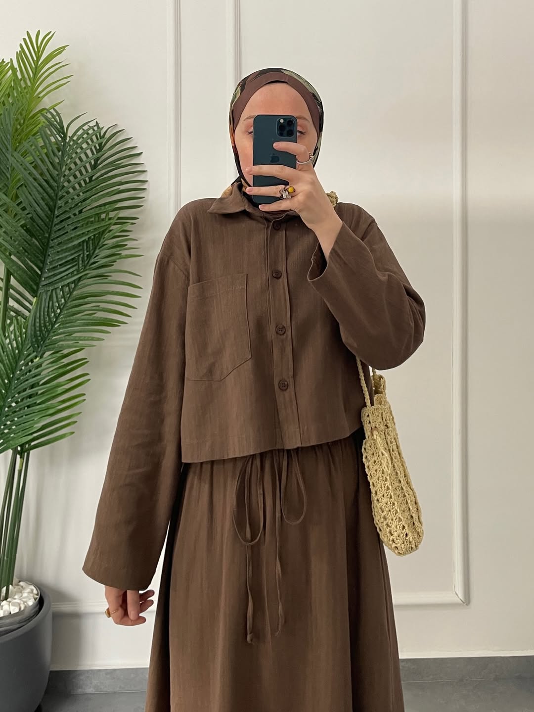 Ham Keten Düğmeli Etekli Takım Kahve