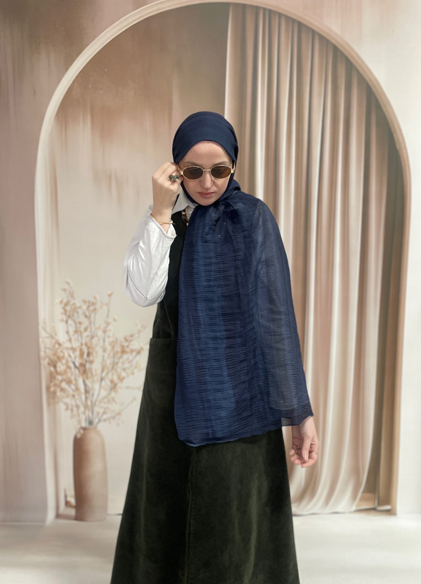 Tonsürton Çizgi Desen Müslin Şal Lacivert