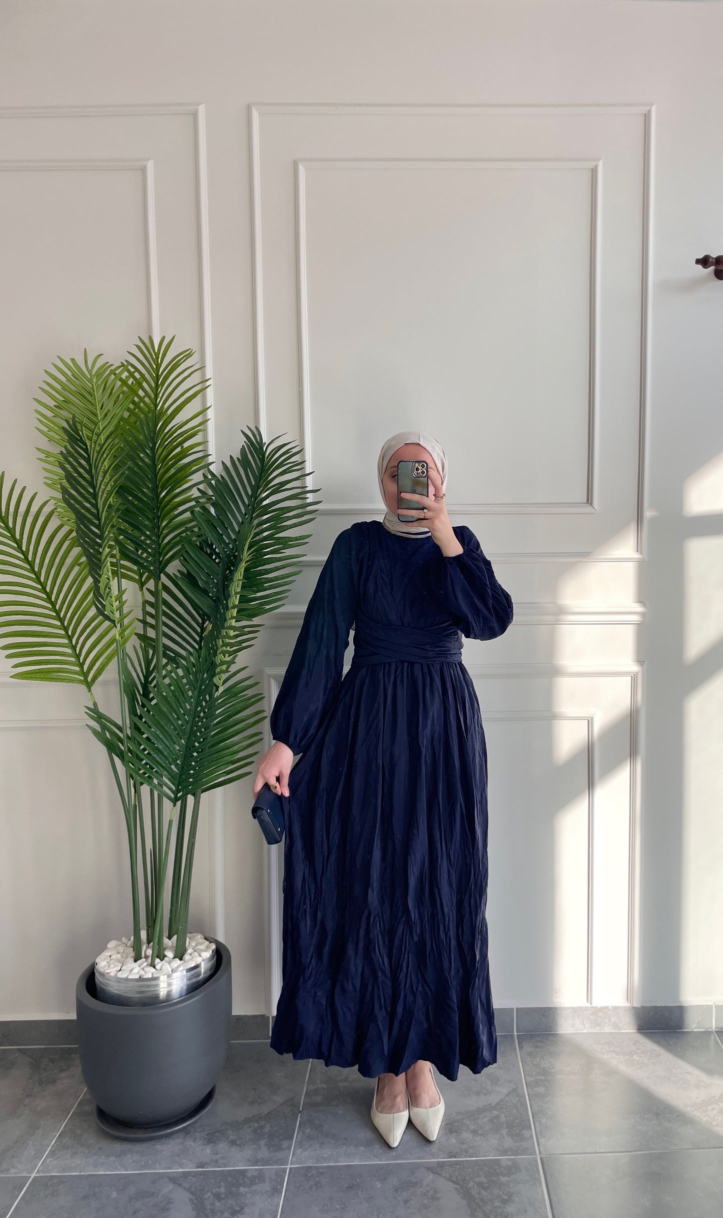 Bel Bağlamalı Kraş Elbise-Lacivert