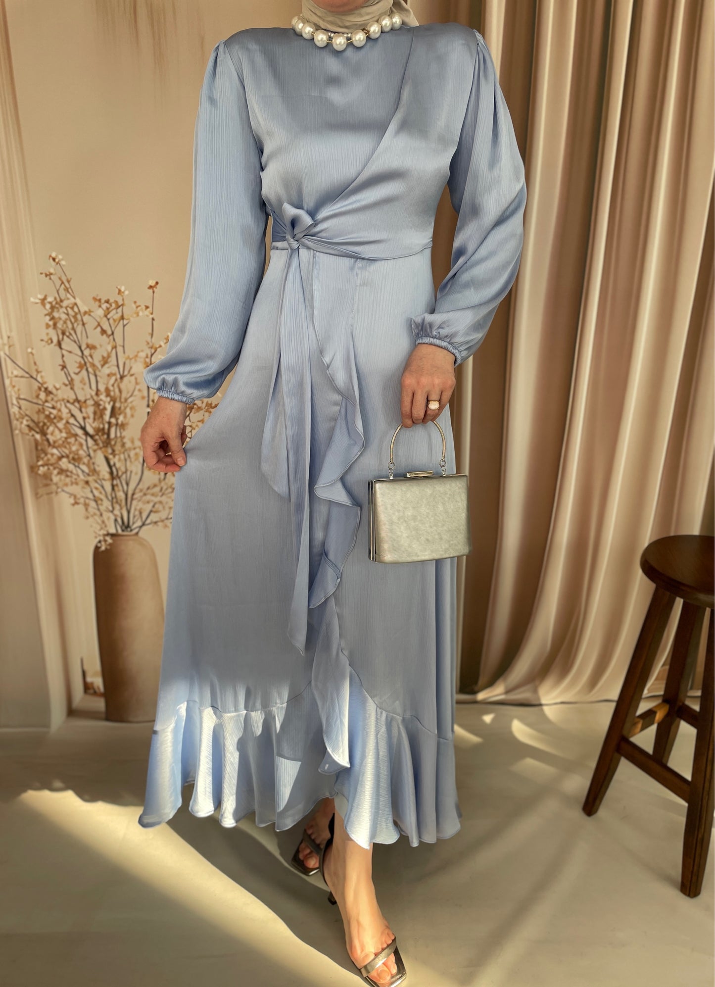 Nova Saten Elbise Buz Mavi